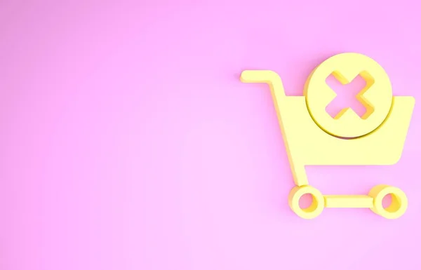 Gelb Warenkorb-Symbol auf rosa Hintergrund entfernen. Online-Kaufkonzept. Lieferservice. Supermarktkorb und X-Zeichen. Minimalismus-Konzept. 3D Illustration 3D Renderer — Stockfoto