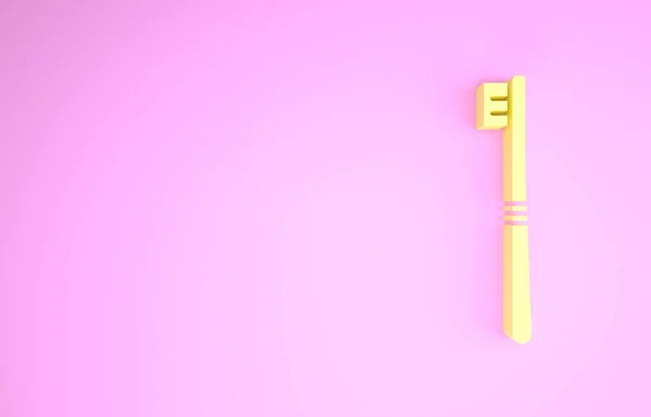 Ícone amarelo da escova de dentes isolado no fundo rosa. Conceito de minimalismo. 3D ilustração 3D render — Fotografia de Stock