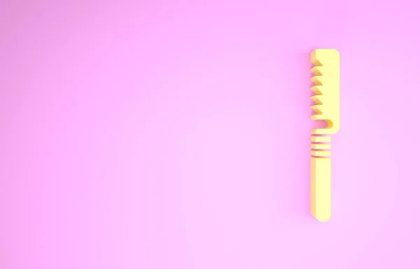 Ícone de serra médica amarelo isolado no fundo rosa. Serra cirúrgica projetada para amputações de membros cortantes ósseos e antes da enxertia óssea. Conceito de minimalismo. 3D ilustração 3D render — Fotografia de Stock