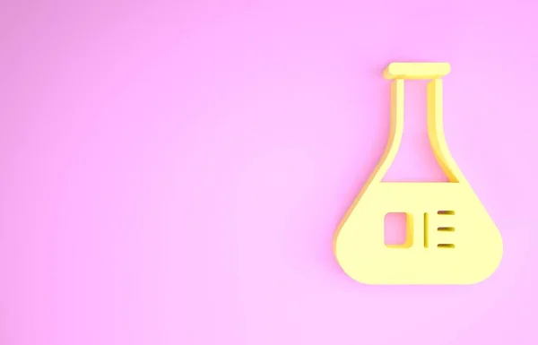 Tubo de ensayo amarillo e icono de prueba de laboratorio químico del frasco aislado sobre fondo rosa. Signo de cristalería del laboratorio. Concepto minimalista. 3D ilustración 3D render — Foto de Stock