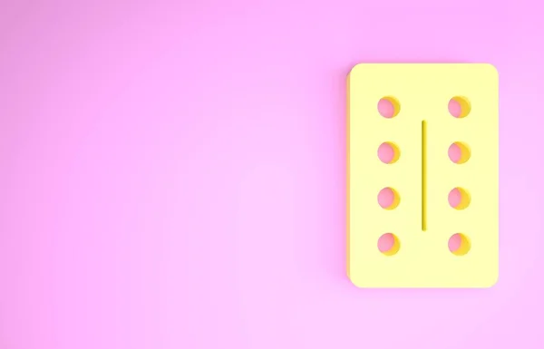 ピンクの背景に隔離されたブリスターパックアイコンの黄色の丸薬。錠剤、ビタミン、抗生物質、アスピリンのための医療用医薬品パッケージ。最小限の概念。3Dイラスト3Dレンダリング — ストック写真