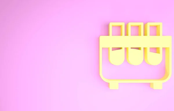 Amarelo Tubo de teste e frasco ícone de teste químico laboratório isolado em fundo rosa. Sinal de vidro de laboratório. Conceito de minimalismo. 3D ilustração 3D render — Fotografia de Stock