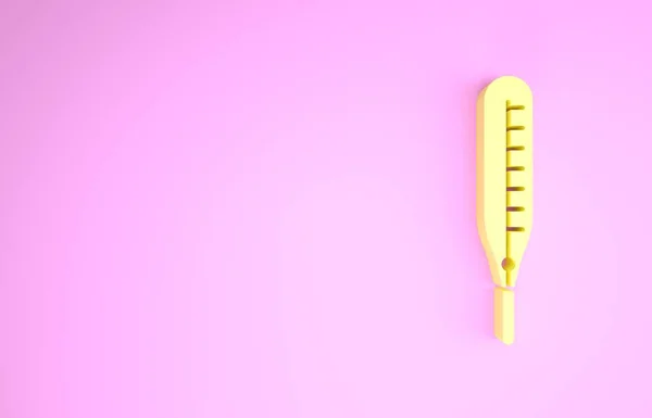 黄色体温计,用于在粉色背景上隔离的体格检查图标.最低纲领的概念。3D渲染3D插图 — 图库照片
