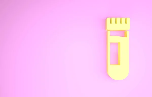 Жовта пробірка або колба з іконою крові ізольовані на рожевому фоні. Лабораторний, хімічний, науковий скляний знак. Концепція мінімалізму. 3D ілюстрація 3D рендеринга — стокове фото
