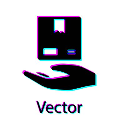 Beyaz arkaplanda izole edilmiş karton kutular simgesi olan Kara Teslimat eli. Kuryeyle kapı kapı dolaşacağız. Vektör İllüstrasyonu