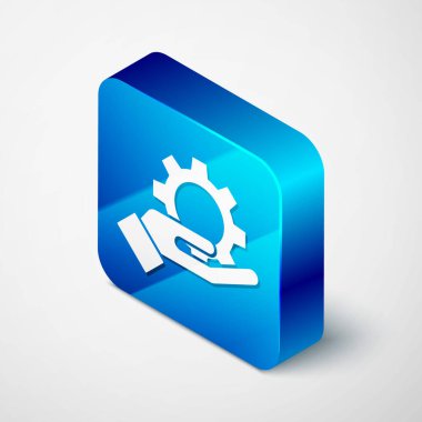 Gri arkaplanda Isometric Hand ayarları dişli simgesi izole. Ayarlama, servis, bakım, onarım, onarım. Mavi kare düğme. Vektör İllüstrasyonu