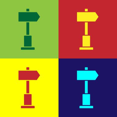 Pop Sanat Yolu trafik tabelası. Renk arkaplanında işaretleme simgesi izole edildi. İşaretçi sembolü. Sokak bilgi tabelası. Yön tabelası. Vektör İllüstrasyonu