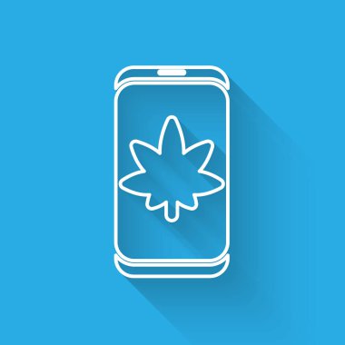 Beyaz çizgi cep telefonu ve tıbbi marihuana veya uzun gölgeli kenevir yaprağı ikonu. İnternetten satın alma sembolü. Süpermarket sepeti. Vektör İllüstrasyonu