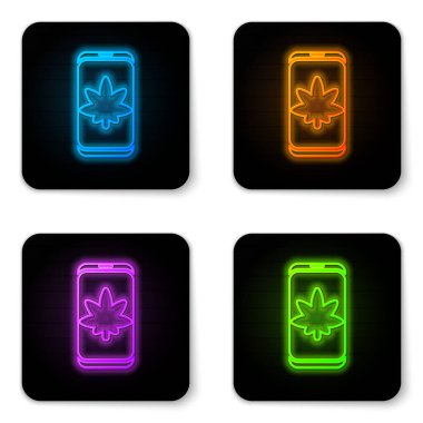 Parlayan neon cep telefonu ve tıbbi marihuana ya da beyaz arka planda izole edilmiş kenevir yaprağı ikonu. İnternetten satın alma sembolü. Süpermarket sepeti. Siyah kare düğme. Vektör İllüstrasyonu