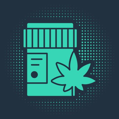 Mavi arka planda marihuana ya da kenevir yaprağı ikonu bulunan yeşil tıbbi şişe. Kavanozlardaki kenevir yağı özlerini taklit et. Soyut çember rastgele noktalar. Vektör İllüstrasyonu