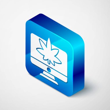 Gri arkaplanda Isometric Bilgisayar monitörü ve tıbbi marihuana veya kenevir yaprağı ikonu izole edildi. İnternetten satın alma. Süpermarket sepeti. Mavi kare düğme. Vektör İllüstrasyonu