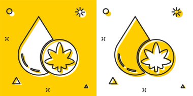 Siyah tıbbi marihuana ya da kenevir yaprağı zeytinyağı damlası ikonu sarı ve beyaz arka planda izole edilmiştir. Esrar özütü. Kenevir sembolü. Rastgele dinamik şekiller. Vektör İllüstrasyonu