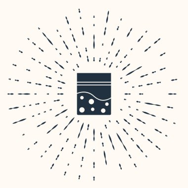 Bej arka planda izole edilmiş gri plastik poşet dolusu tıbbi kenevir ikonu. Sağlık tehlikesi. Soyut çember rastgele noktalar. Vektör İllüstrasyonu