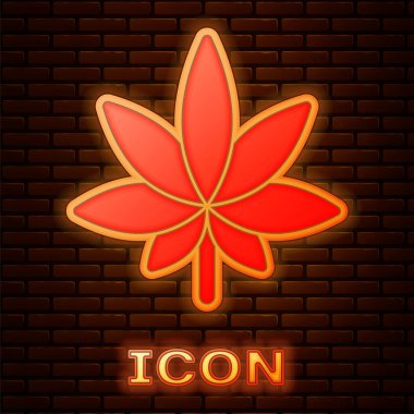 Parlayan neon rengi tıbbi marihuana ya da kenevir yaprağı ikonu tuğla duvar arkasında izole edilmiş. Kenevir sembolü. Vektör İllüstrasyonu