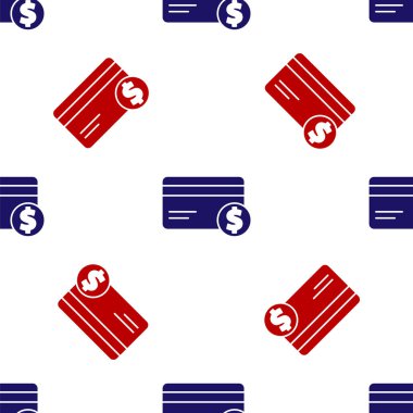 Mavi ve kırmızı kredi kartı ve dolar sembolü beyaz arka planda izole edilmiş kusursuz desen. Çevrimiçi ödeme. Nakit çekilmesi. Finansal operasyonlar. Vektör İllüstrasyonu