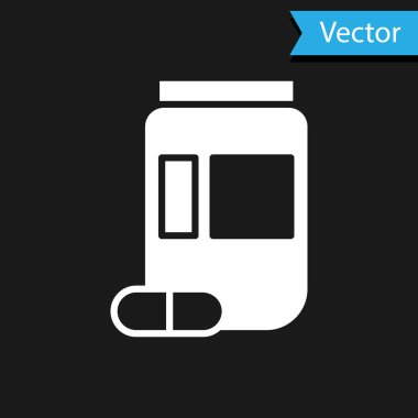 Beyaz Tıp şişe ve hap simgesi siyah arka plan üzerinde izole. Şişe hapı işareti. Eczane tasarımı. Vektör İllüstrasyonu