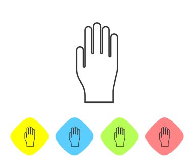 Gri çizgi tıbbi lastik eldiven ikonu beyaz arka planda izole edildi. Koruyucu lastik eldivenler. Renkli eşkenar dörtgen düğmelerine simgeleri yerleştir. Vektör İllüstrasyonu