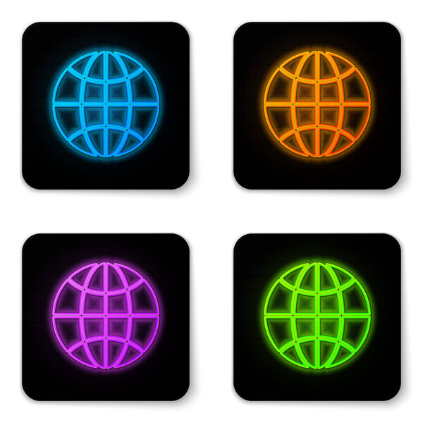 Glowing neon Worldwide icon isolated on white background. Pin on globe. Black square button. Vector Illustration
