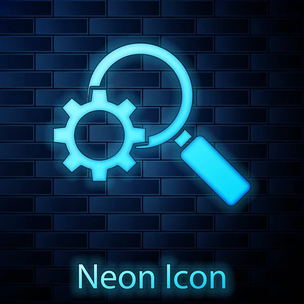 Zářící Neon Lupa Ozubení Ikona Izolované Pozadí Cihlové Stěny Nástroj — Stockový vektor