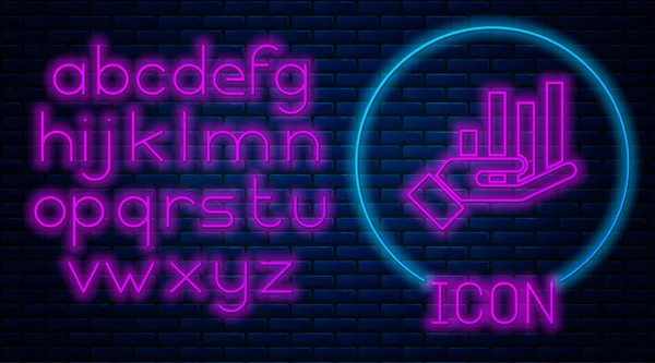 Gloeiende Neon Taart Grafiek Infographic Pictogram Geïsoleerd Baksteen Muur Achtergrond — Stockvector