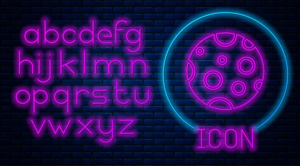 Leuchtende Neon Moon Ikone Isoliert Auf Backsteinwand Hintergrund Neonlicht Alphabet — Stockvektor