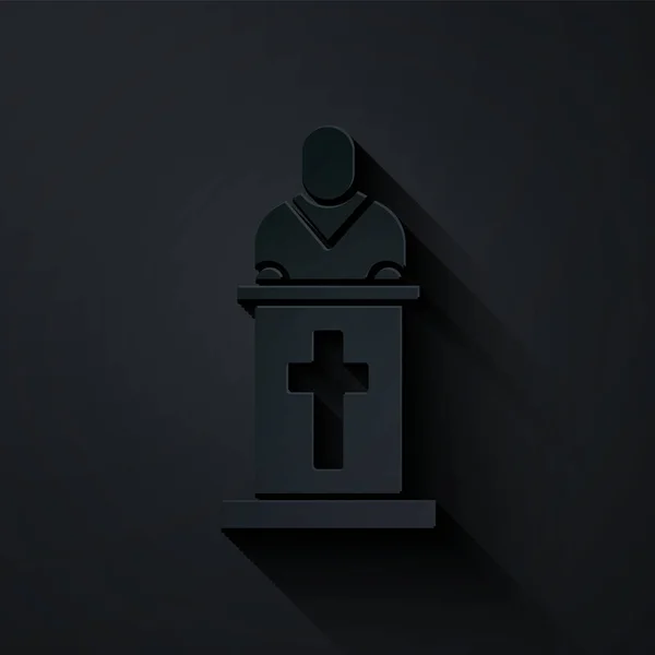 Paper Cut Church Pastor Preaching Icon Isolated Black Background Gaya - Stok Vektor