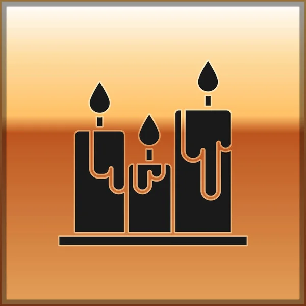 Black Burning Candles Icon Isolated Gold Background Cylindrical Candle Stick — Stock Vector