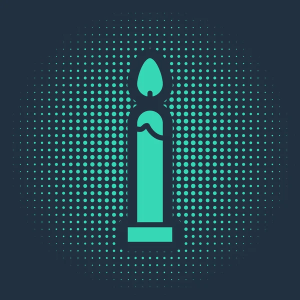 Ikona Zelené Hořící Svíčky Izolované Modrém Pozadí Válcový Svícen Hořícím — Stockový vektor