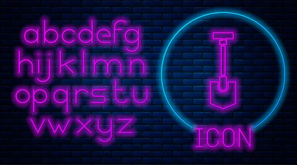 Gloeiende Neon Schop Pictogram Geïsoleerd Baksteen Muur Achtergrond Tuingereedschap Gereedschap — Stockvector