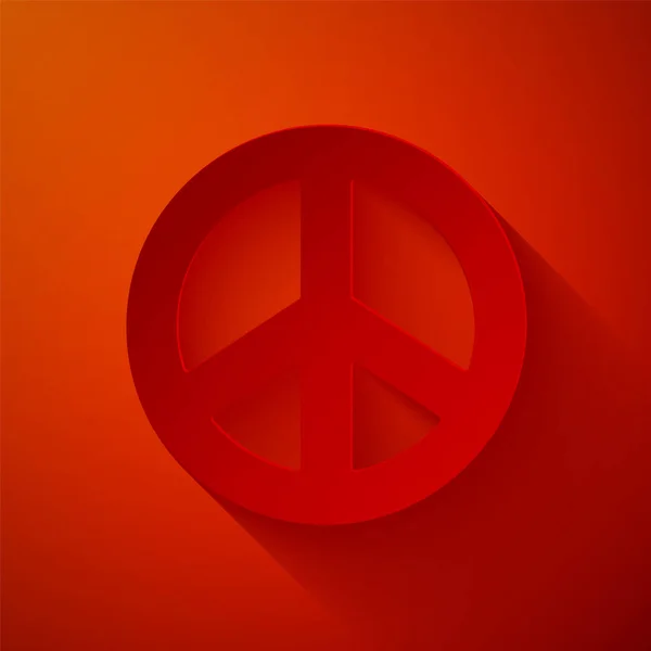 ペーパーカット赤の背景に隔離された平和アイコン 平和のヒッピーシンボル 紙のアートスタイル ベクターイラスト — ストックベクタ