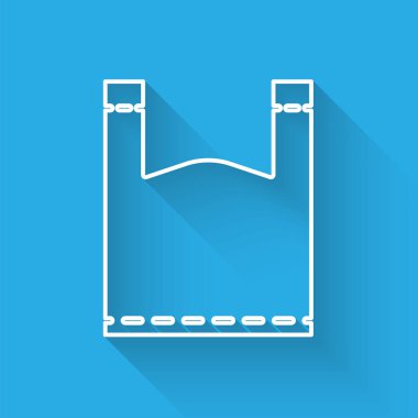 White line Plastic bag icon isolated with long shadow. Disposable cellophane and polythene package prohibition sign.  Vector Illustration