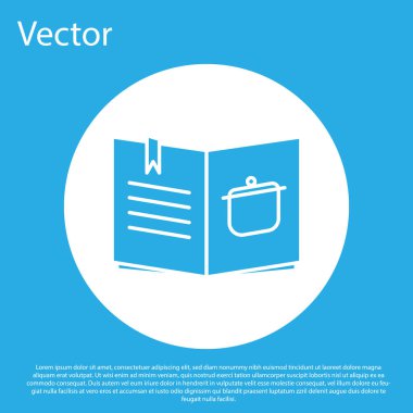 Mavi Yemek Kitabı simgesi mavi arkaplanda izole edildi. Yemek kitabı ikonu. Yemek tarifi kitabı. Çatal ve bıçak ikonları. Çatal bıçak sembolü. Beyaz daire düğmesi. Vektör İllüstrasyonu