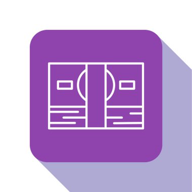 Beyaz çizgi kağıt para yığını beyaz arka planda izole nakit ikonu. Para desteleri. Para birimi. Mor kare düğme. Vektör İllüstrasyonu