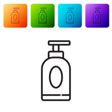 Beyaz arka planda siyah çizgi kremi ya da losyon kozmetik tüp ikonu izole edilmiş. Erkekler için vücut bakım ürünleri. Renkli kare düğmelerle simgeleri ayarla. Vektör İllüstrasyonu