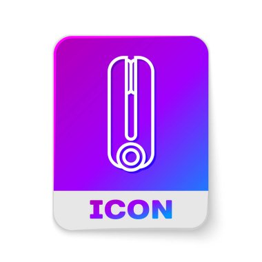 Beyaz arka planda izole edilmiş saç ikonu için beyaz çizgi saç maşası. Saç düzleştirici ikonu. Dikdörtgen renk düğmesi. Vektör İllüstrasyonu