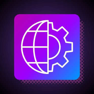 Dünya 'nın beyaz çizgisi Globe ve dişli ya da dişli simgesi siyah arka planda izole edilmiş. Parametreler ayarlanıyor. Global Seçenekler. Kare renk düğmesi. Vektör İllüstrasyonu