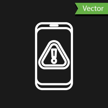Siyah zemin üzerinde ünlem işareti simgesi olan beyaz çizgi cep telefonu. Uyarı mesajı akıllı telefon uyarısı. Vektör İllüstrasyonu