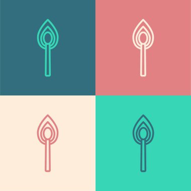 Renk arkaplanında izole edilmiş ateş ikonu ile Pop Art Line Burning kibriti. Ateşle maç. Kibrit işareti. Vektör İllüstrasyonu