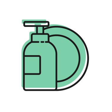 Siyah çizgili bulaşık deterjanı şişesi ve plaka simgesi beyaz arka planda izole edilmiş. Bulaşık yıkamak için sıvı deterjan. Vektör İllüstrasyonu