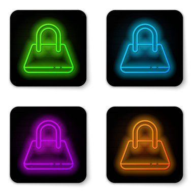 Parlayan neon hat el çantası simgesi beyaz arkaplanda izole edildi. Kadın el çantası işareti. Glamour günlük bagaj sembolü. Siyah kare düğme. Vektör İllüstrasyonu