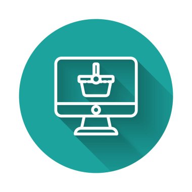Alışveriş sepeti simgesi uzun gölgeli beyaz çizgi bilgisayar monitörü. Çevrimiçi alışveriş arabası. Süpermarket sepeti sembolü. Yeşil daire düğmesi. Vektör İllüstrasyonu