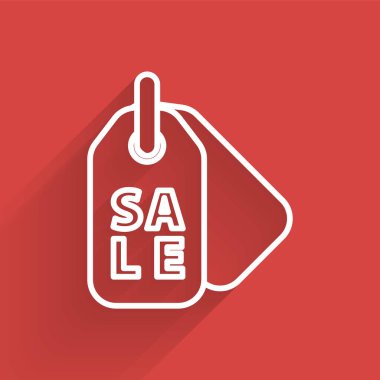 Beyaz çizgi Price etiketi. Üzerinde uzun gölgeli bir indirim simgesi var. Rozet fiyatına. Reklam etiketi indirimi. Vektör İllüstrasyonu