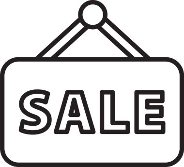 Beyaz arkaplanda izole edilmiş metin satışı simgesi olan siyah çizgi asma işareti. Mesaj indirimli tabela. Vektör İllüstrasyonu