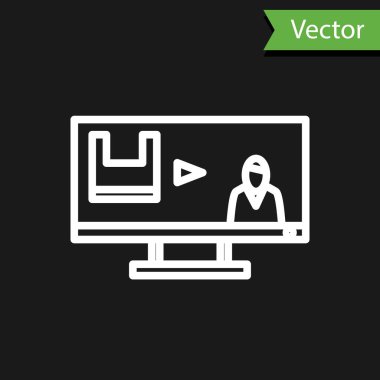 Siyah arkaplanda beyaz çizgi plastik kirliliği önleme simgesi izole edildi. Ekolojik poster. Vektör İllüstrasyonu