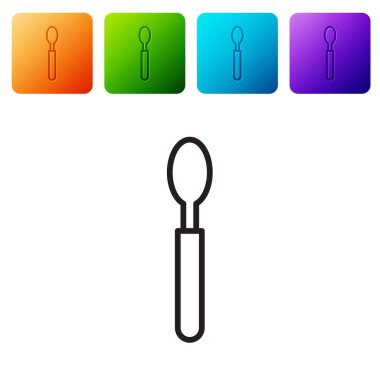 Siyah çizgi kaşık simgesi beyaz arkaplanda izole edildi. Mutfak aletleri. Çatal bıçak seti. Renkli kare düğmelerle simgeleri ayarla. Vektör İllüstrasyonu