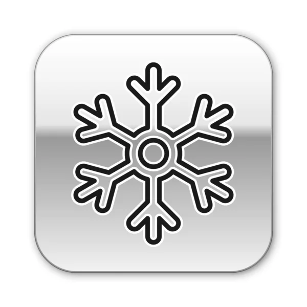 Black Line Snowflake Icon Isolated White Background Silver Square Button — Stock Vector