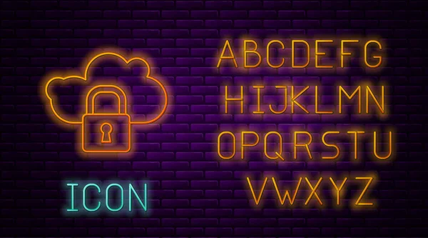 Gloeiende Neon Lijn Cloud Computing Lock Pictogram Geïsoleerd Baksteen Muur — Stockvector