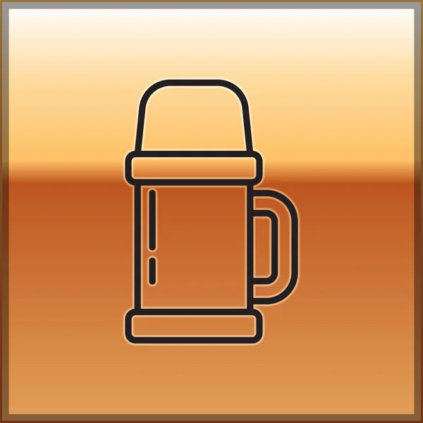 Black Line Thermos Container Icon Isolated Gold Background Thermo Flask — Stock Vector