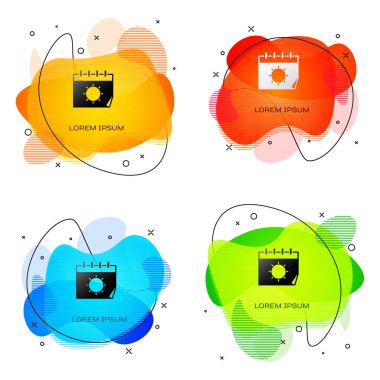 Siyah takvim ve güneş ikonu beyaz arkaplanda izole edildi. Olay hatırlatma sembolü. Sıvı şekilli soyut pankart. Vektör İllüstrasyonu