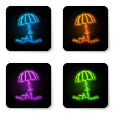 Beyaz arka planda izole edilmiş plaj ikonu için parlak neon güneş koruyucu şemsiye. Açık alan için büyük bir şemsiye. Plaj şemsiyesi Siyah kare düğme. Vektör İllüstrasyonu